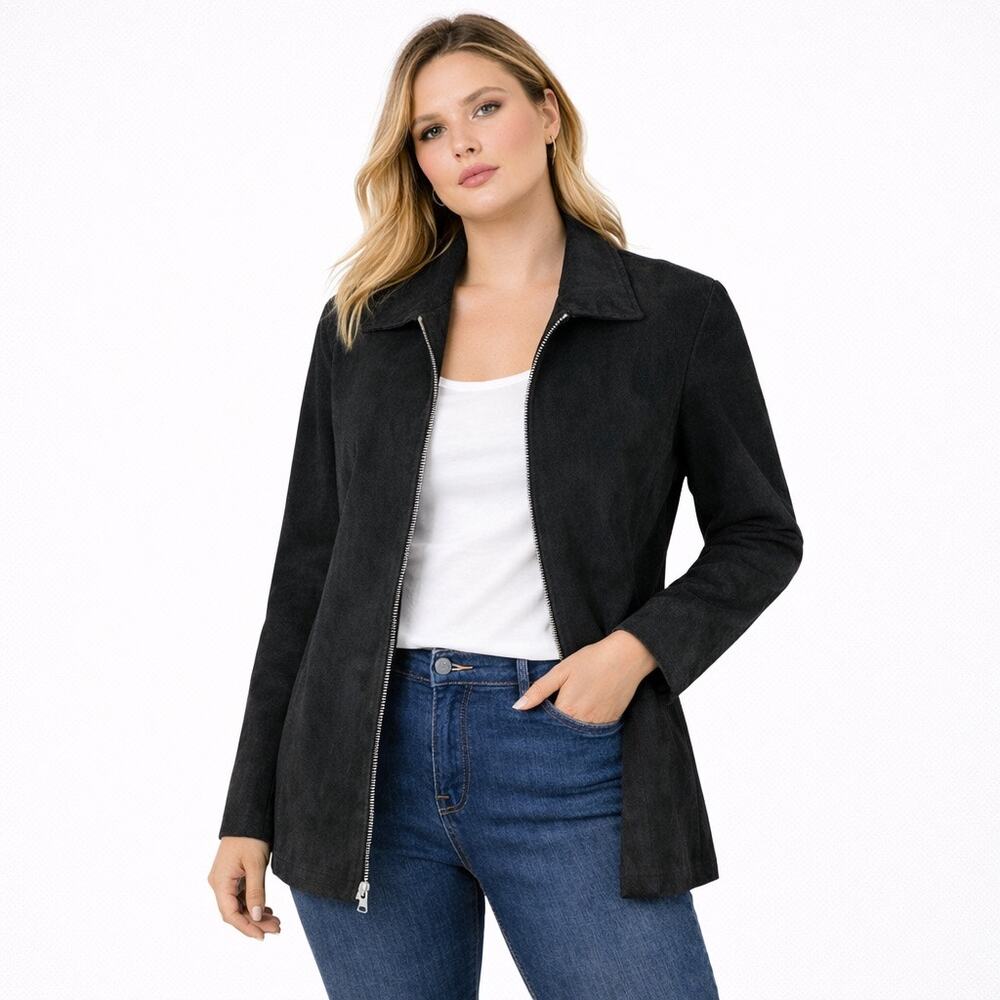 Vintage John Paul Richard Size 8 Genuine Suede Leather Jacket Black Full Zip